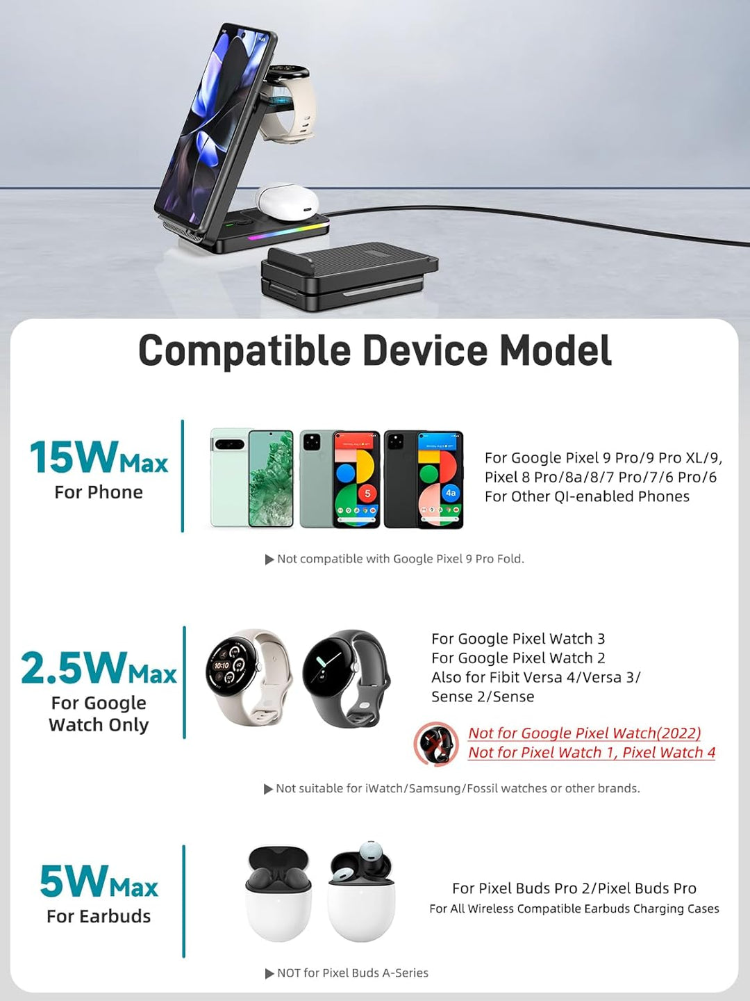 Induktive Ladestation für Google Pixel Watch 3/2, 3 in 1 Google Pixel Ladegerät für Google 10/9/9 Pr