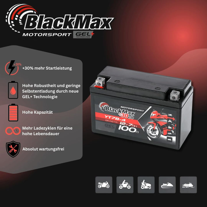BlackMax YT7-B4 Motorradbatterie GEL 12V 7Ah YT7B-4 YT7B-BS Batterie FT7B4 GT7B4 7Ah - 100A - YT7-B4