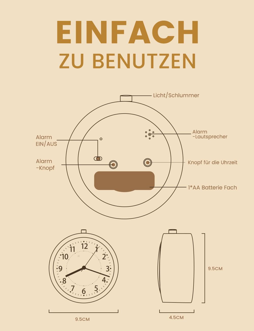 Wecker Analog Ohne Ticken, Wecker Holz mit Snooze, Nachttisch Tischuhr mit Nachtlicht, reisewecker m