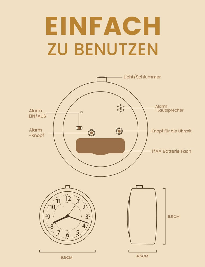 Wecker Analog Ohne Ticken, Wecker Holz mit Snooze, Nachttisch Tischuhr mit Nachtlicht, reisewecker m