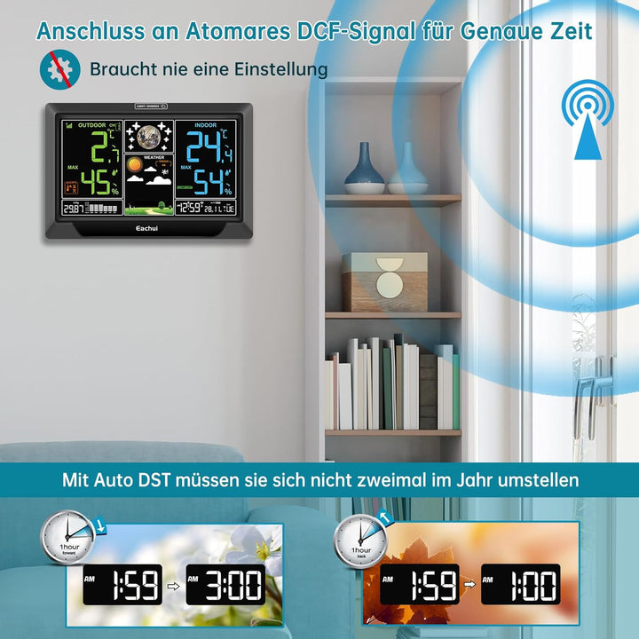 Eachui Wetterstation Funk mit Aussensensor Grosses Farbdisplay Funkwetterstation mit Wettervorhersag