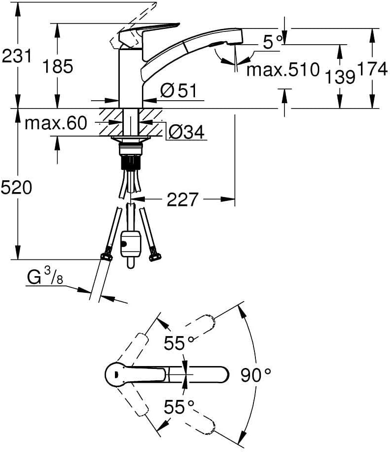 GROHE Start, Küchenarmatur 2 Strahlarten (Wasserhahn Küche mit ausziehbarer Brause, 90° schwenkbar,
