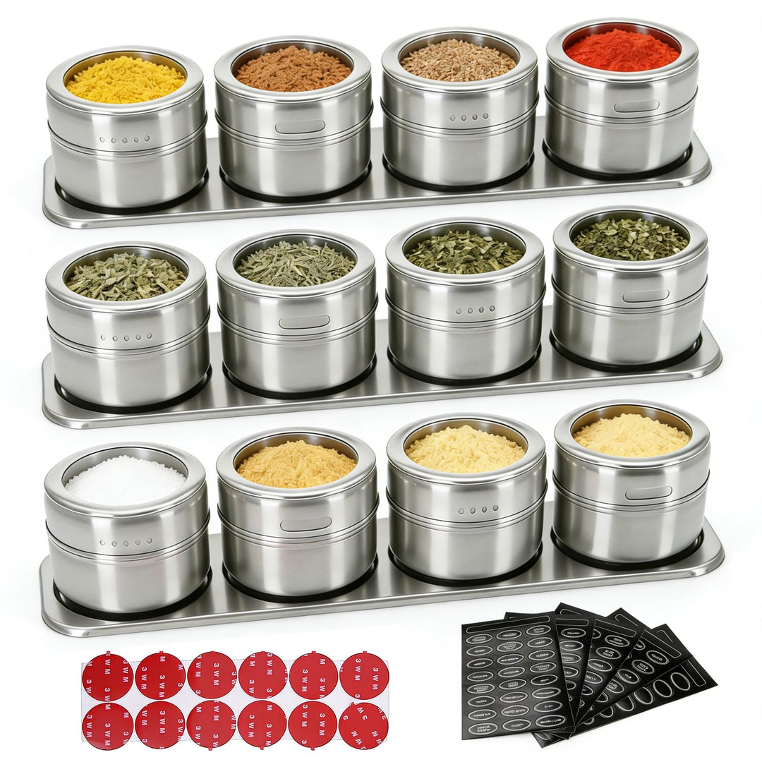 PORFOYO Gewürzdosen Magnetisch, 12 Stück 100 Ml Gewürze Spice Jars Magnetisch, Edelstahl Gewürzbehäl