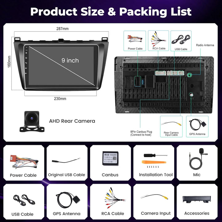 Hikity 4+64GB Autoradio Android 15 für Mazda 6 2007-2012 mit 9-Zoll-Touchscreen,Radio mit Wireless C