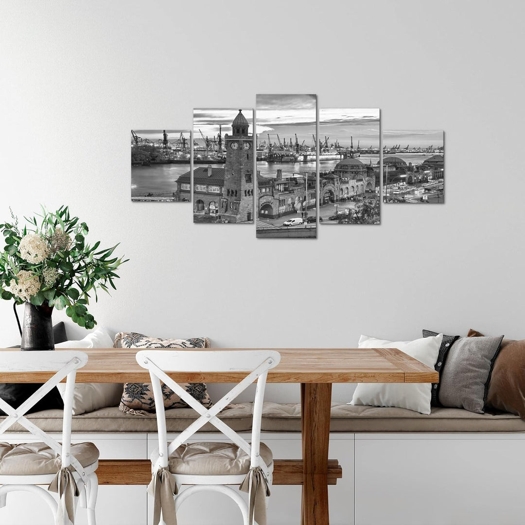 Runa Art Wandbilder Hamburg 5 Teilig Bild auf Vlies Leinwand Deko Wohnzimmer Schlafzimmer Hafen Schw