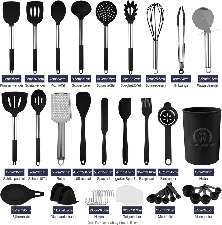 Küchenhelfer Set 45-teilig Küchenutensilien Set Silikon, Spülmaschinenfest mit Utensilienhalter, Hit