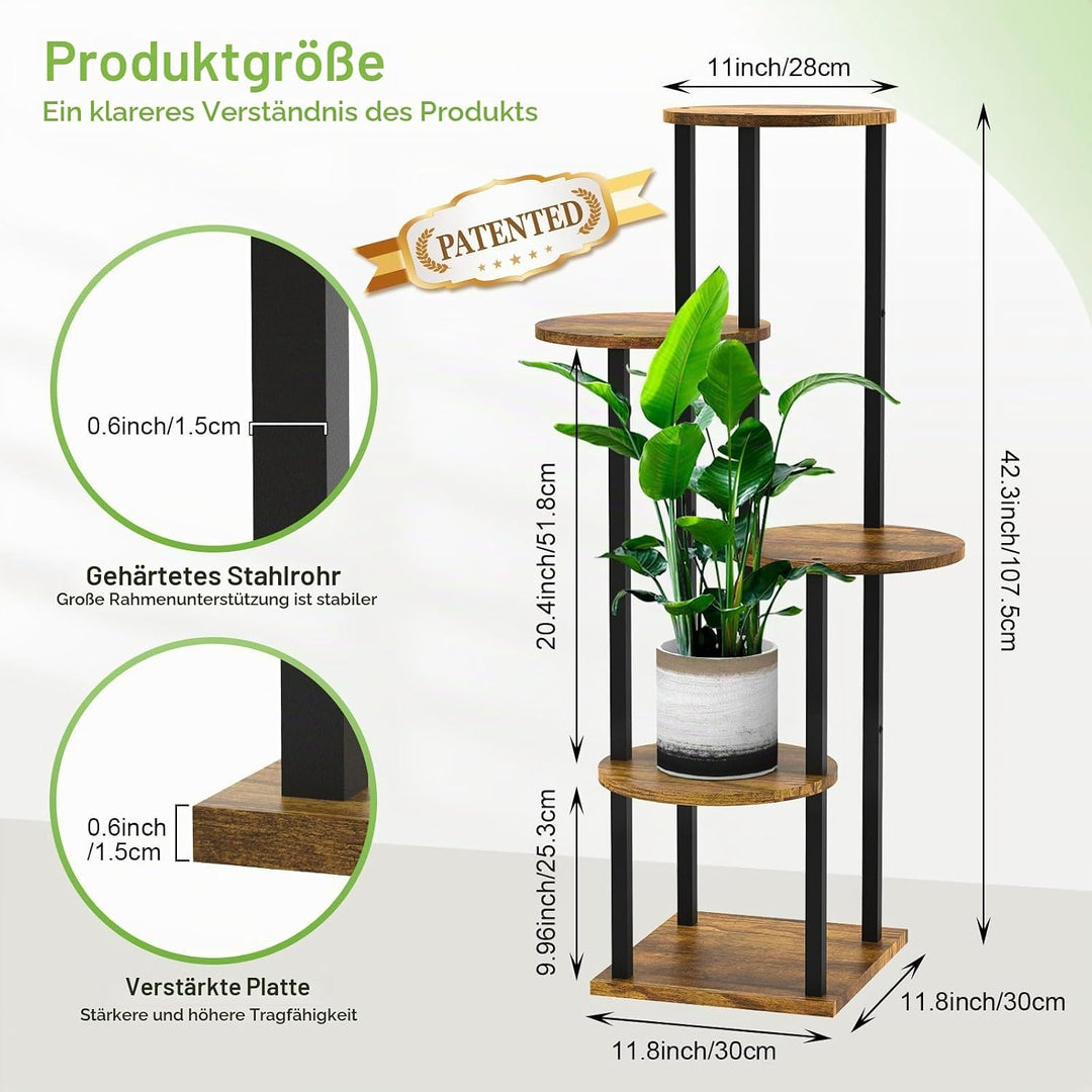 YOCOMEY 5 Tier Hölzern Blumenregal Metall Pflanzenregal, Mehrstöckig Blumenständer Pflanzenständer B