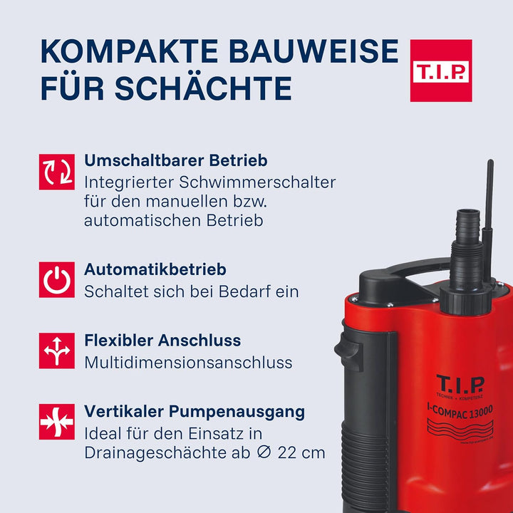 T.I.P. 30191 I-Compac 13000 Schmutzwasser Drainage-Tauchpumpe (bis 13.000 l/h Fördermenge, Förderhöh