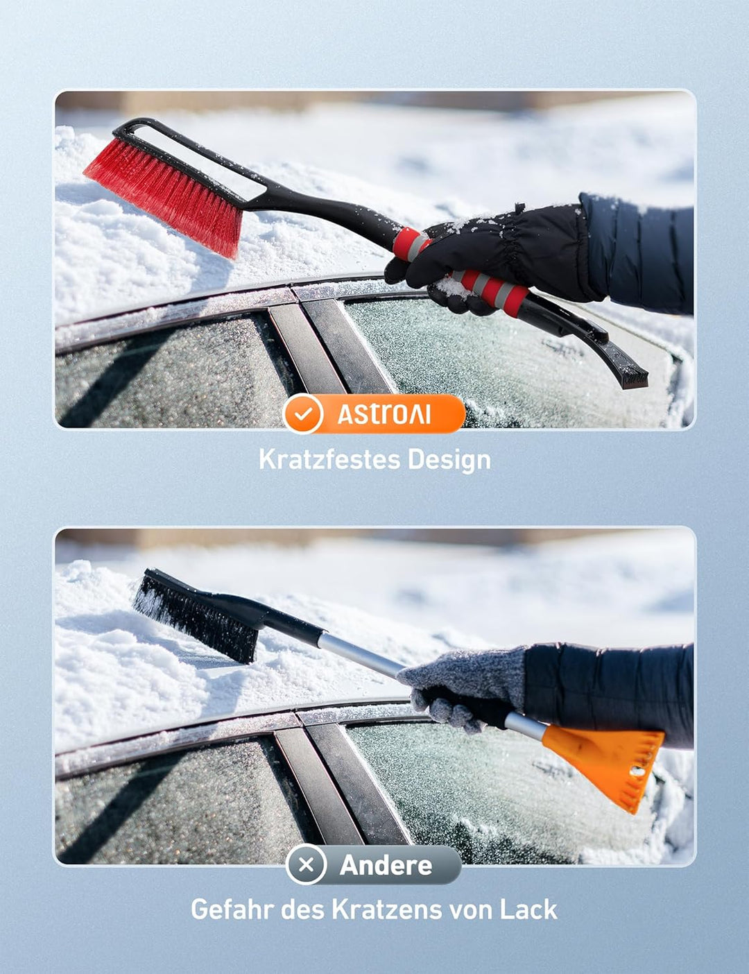 AstroAI Eiskratzer Auto mit Besen Schneebesen Abnehmbarer 68CM Lang mit grosse Kante Borsten & Ergon