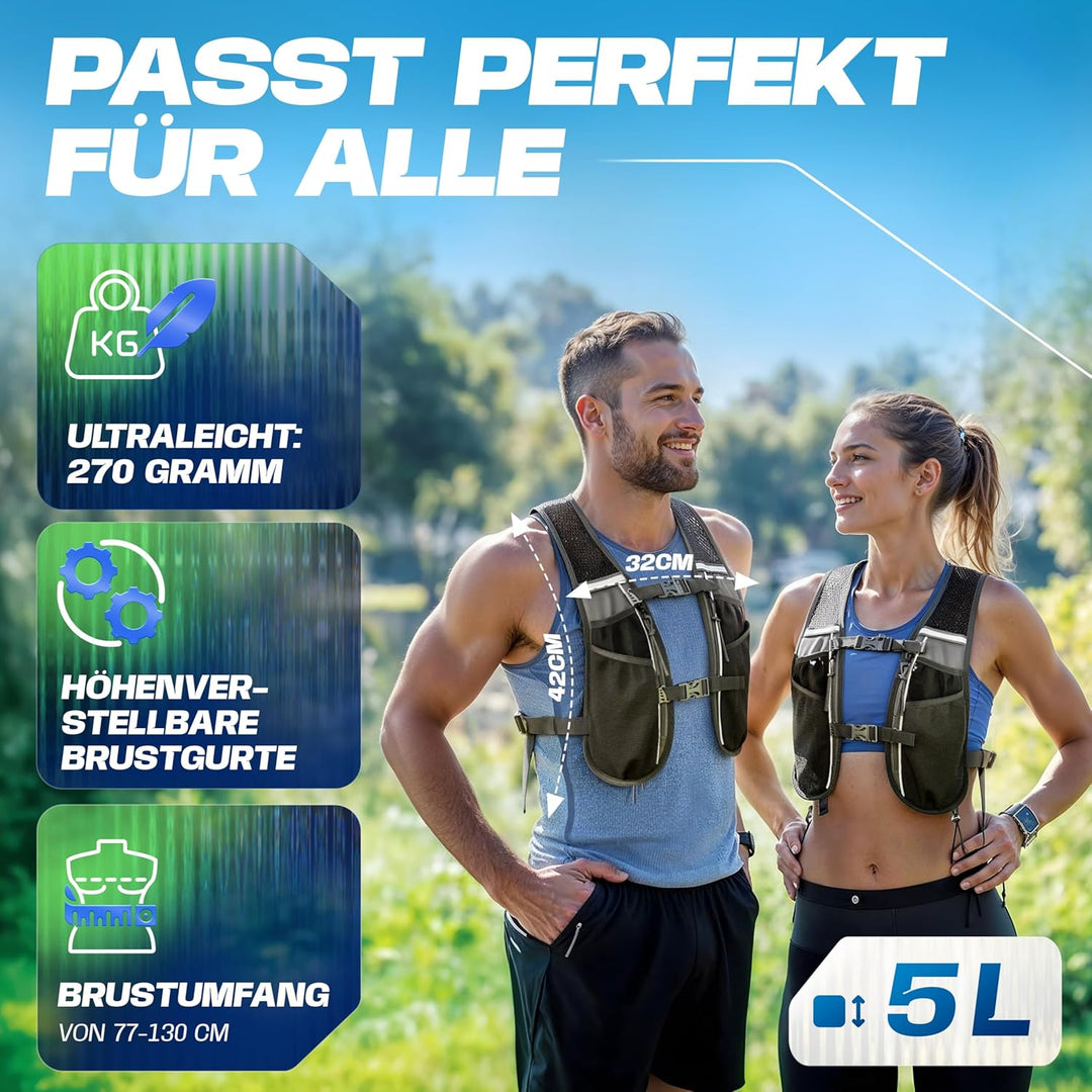 SASMO® Laufweste Damen & Herren 5L / 2L | Running Vest - Ultraleicht & atmungsaktiv| Laufrucksack Da