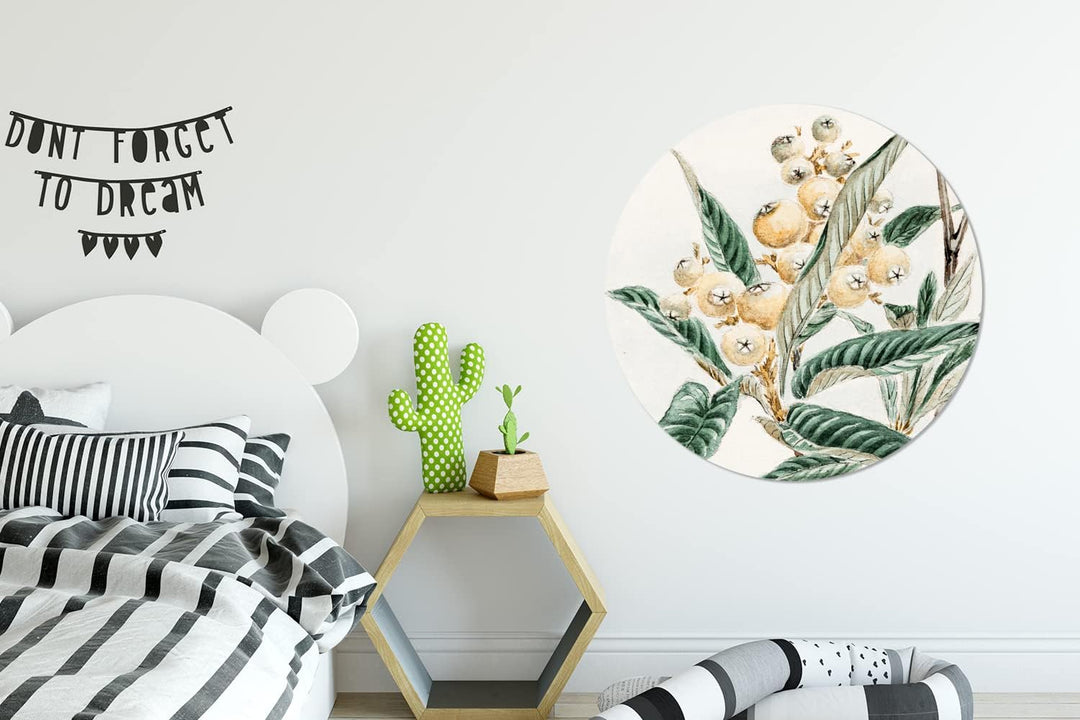 MuchoWow Wandbild Rund Wanddeko Deko Wohnzimmer Bilder 90x90 cm Obst - Blätter - Vintage - Japanisch