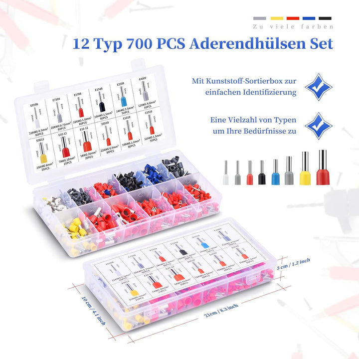 Aderendhülsen Set GUPTOMES krimpzangenset 0,08–16mm2 Aderendhülsenzange mit 700 stück Aderendhülsen