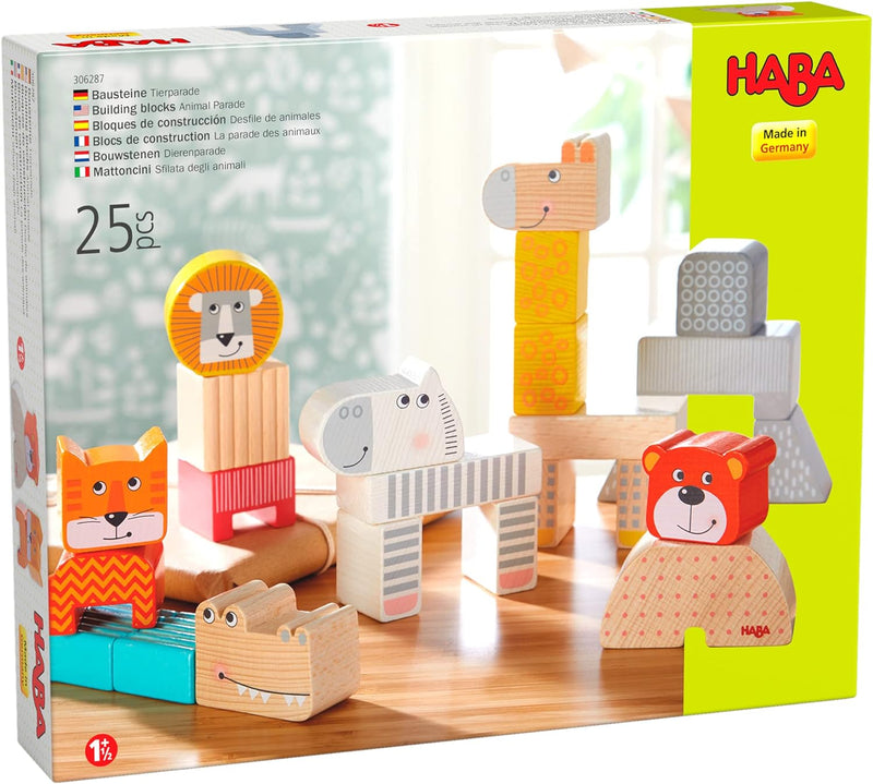 HABA 306287 - Bausteine Tierparade, Holz- und Naturbausteine ab 1,5 Jahren, made in Germany