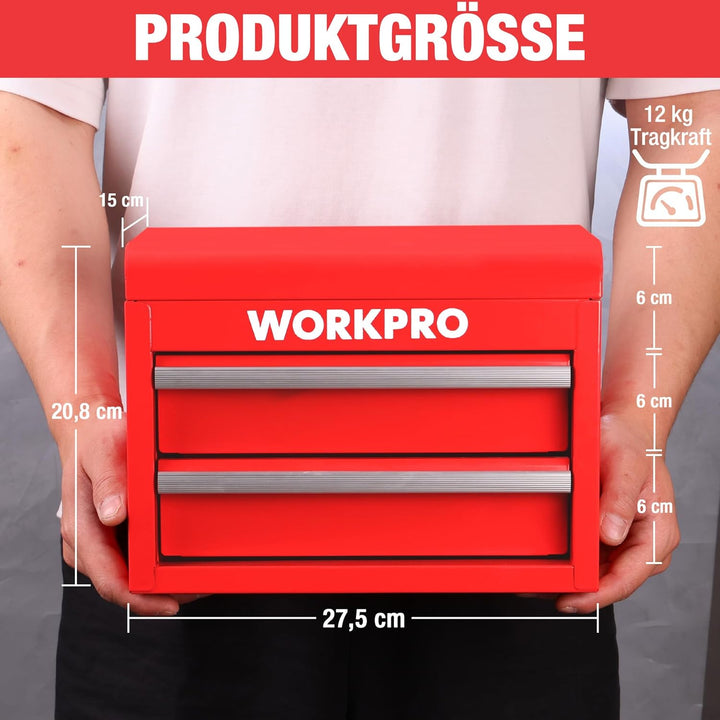 WORKPRO Metall Schubladenbox mit 2 Schubladen & Oberer Stauraum Rot, 27,5x15x20,8cm Tisch Organizer