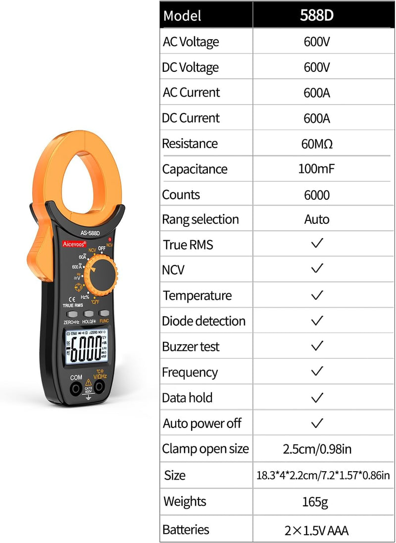 Aicevoos 588D Stromzange Strommesszange Zangenamperemeter ac dc Strom 600A True-RMS 6000 Counts Auto