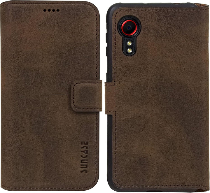 Suncase Book-Style Hülle kompatibel mit Samsung Galaxy Xcover 5 Leder Tasche (Slim-Fit) Lederhülle H