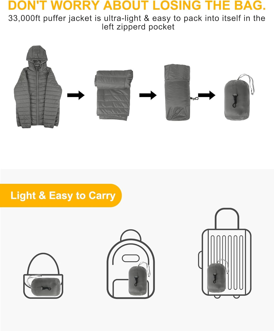 33,000ft Herren Leichte Steppjacke Outdoor Wasserbeständige Übergangsjacke Warme Winterjacke für Män