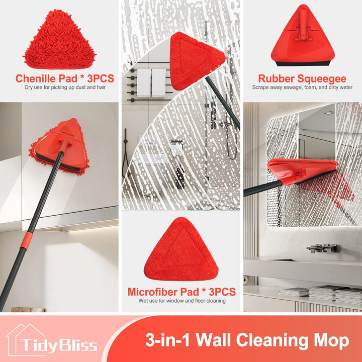 TidyBliss Bodenwischer Wandmop mit 202 cm Langem Stiel, 360°Drehbarer Dreieck Wischmopp mit Klappbar