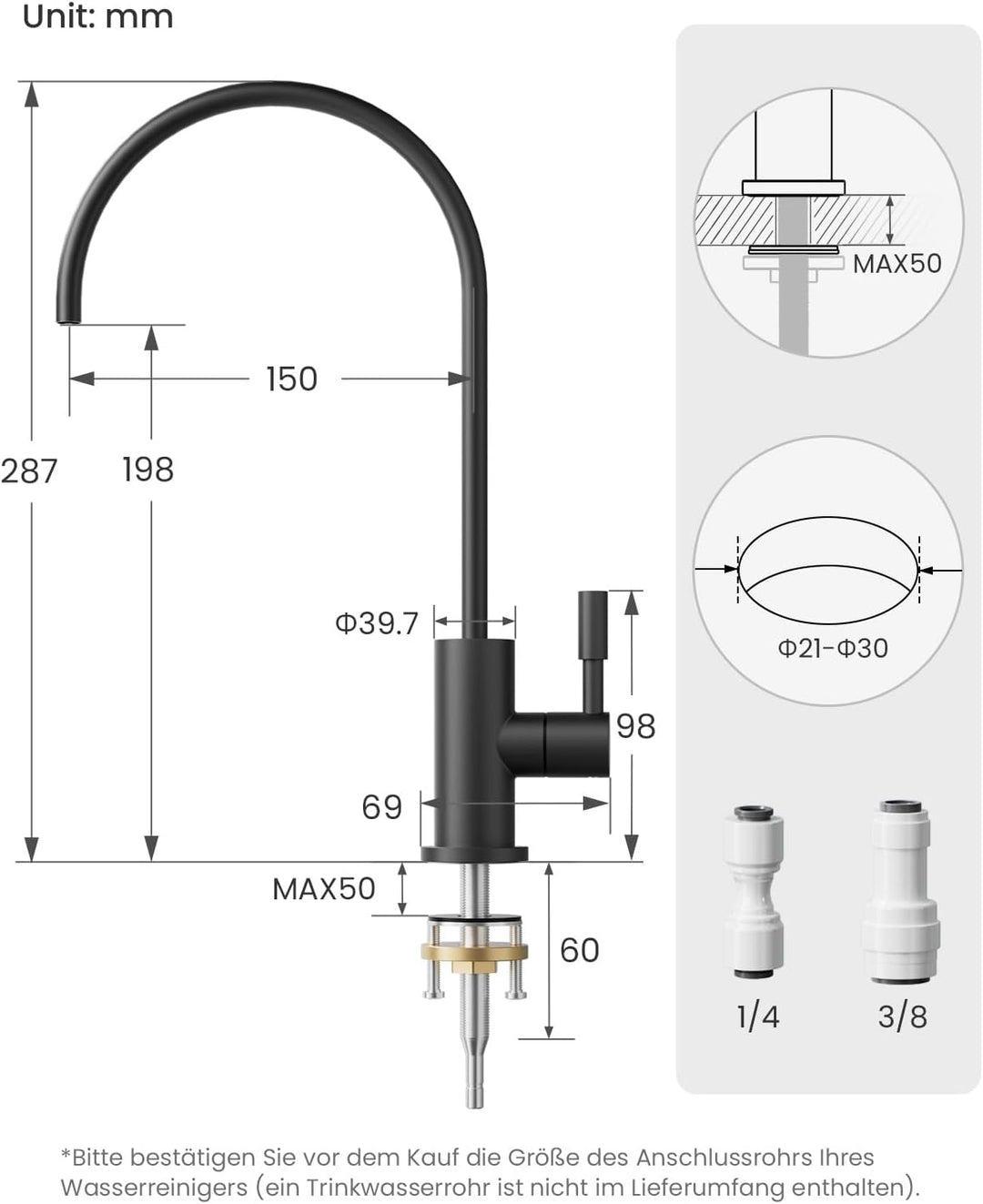 Trinkwasserhahn, Wasserhahn Küche Für Umkehrosmose Oder Wasserfiltersystem, Küchenarmatur Aus Edelst