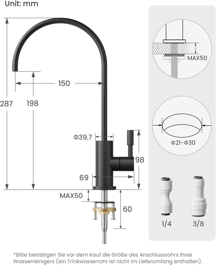Trinkwasserhahn, Wasserhahn Küche Für Umkehrosmose Oder Wasserfiltersystem, Küchenarmatur Aus Edelst
