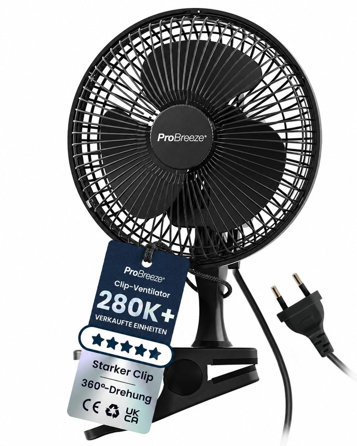 Pro Breeze Mini Ventilator mit Clip - 20 cm Durchmesser, 2 Geschwindigkeitsstufen, starke + stabile