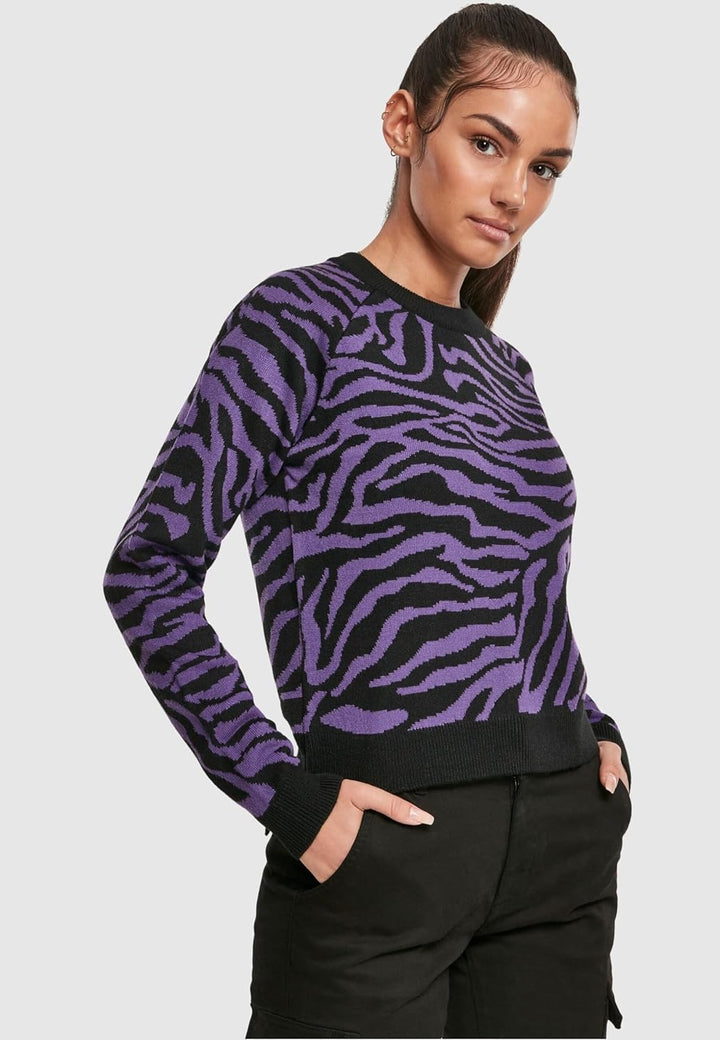 Urban Classics Damen Ladies Short Tiger Sweater Pullover, Mehrfarbig (Blk/Pur 00040), Small (Herstel