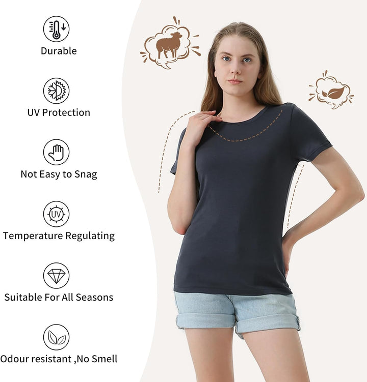 Merino Protect 100% Merino Wolle Shirt Damen Kurzarm Rundhals Wolle Unterhemd Geruchsresistenz Funkt