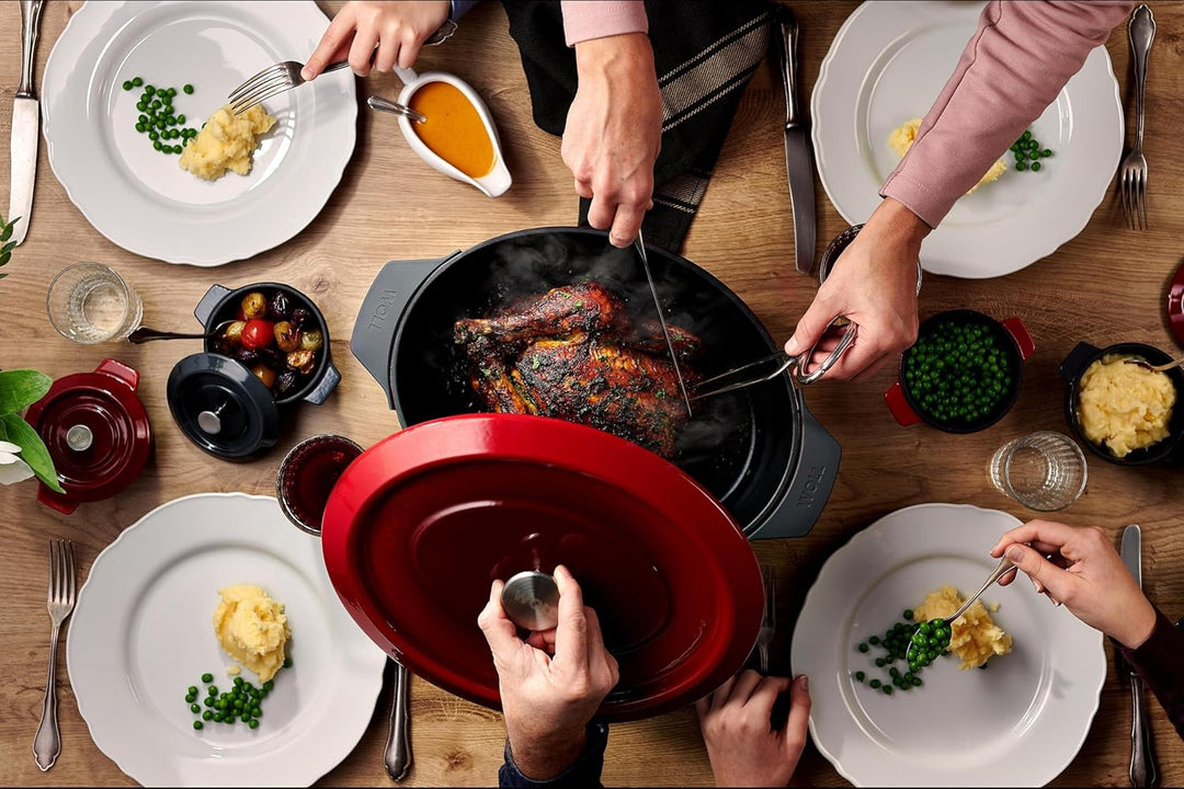 Woll Iron Bräter mit Deckel und Silikongriffen - Induktiv -, 34 x 26 cm, 12,5 cm hoch, 7,5l - Geeign