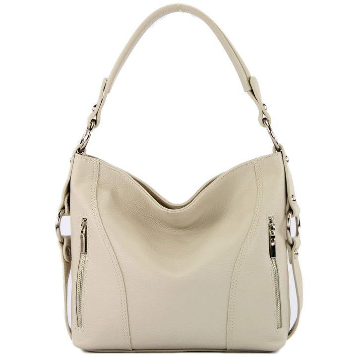 modamoda de - T202 - ital. Damen Henkeltasche Schultertasche aus Leder Creme, Creme