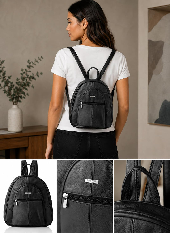 Woodland Leathers Modischer Damenrucksack, klein, schwarz, mit Anti-Diebstahl-Reissverschluss und Ha
