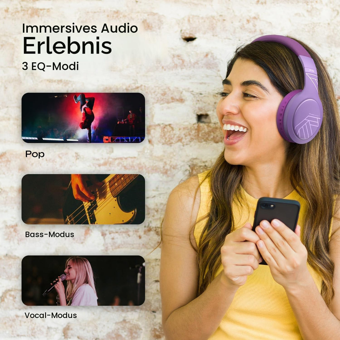 PowerLocus Bluetooth Kopfhörer Over Ear, Kopfhörer Kabellos mit 3-EQ modi, 60std. Spielzeit, Hi-Fi-S