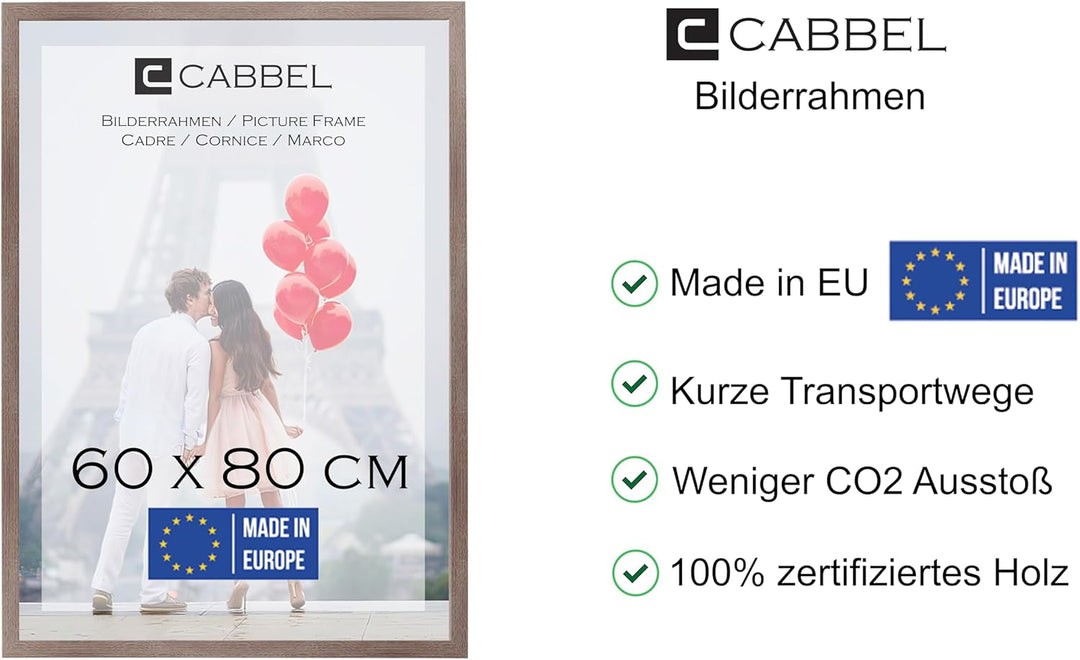 CABBEL 1x Bilderrahmen 60x80 cm Eiche Dunkel Rahmen 1-Pack | Dokumentenrahmen, Collage, Poster | MDF