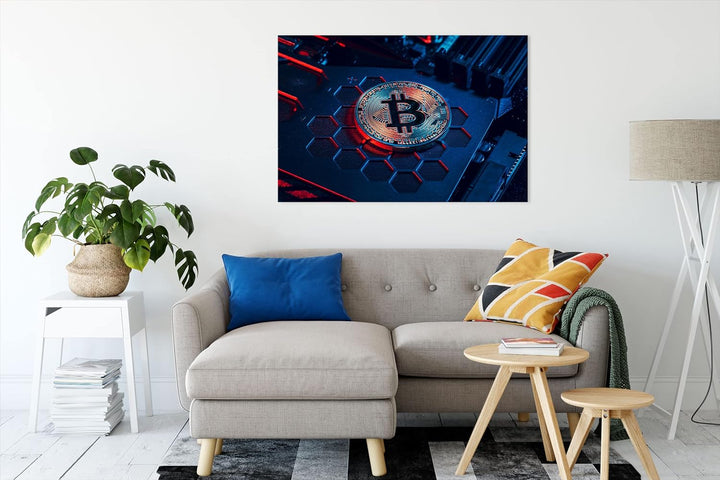 Pixxprint Bitcoin BTC auf Computerchip als Leinwandbild | Grösse: 120x80 cm | Wandbild | Kunstdruck
