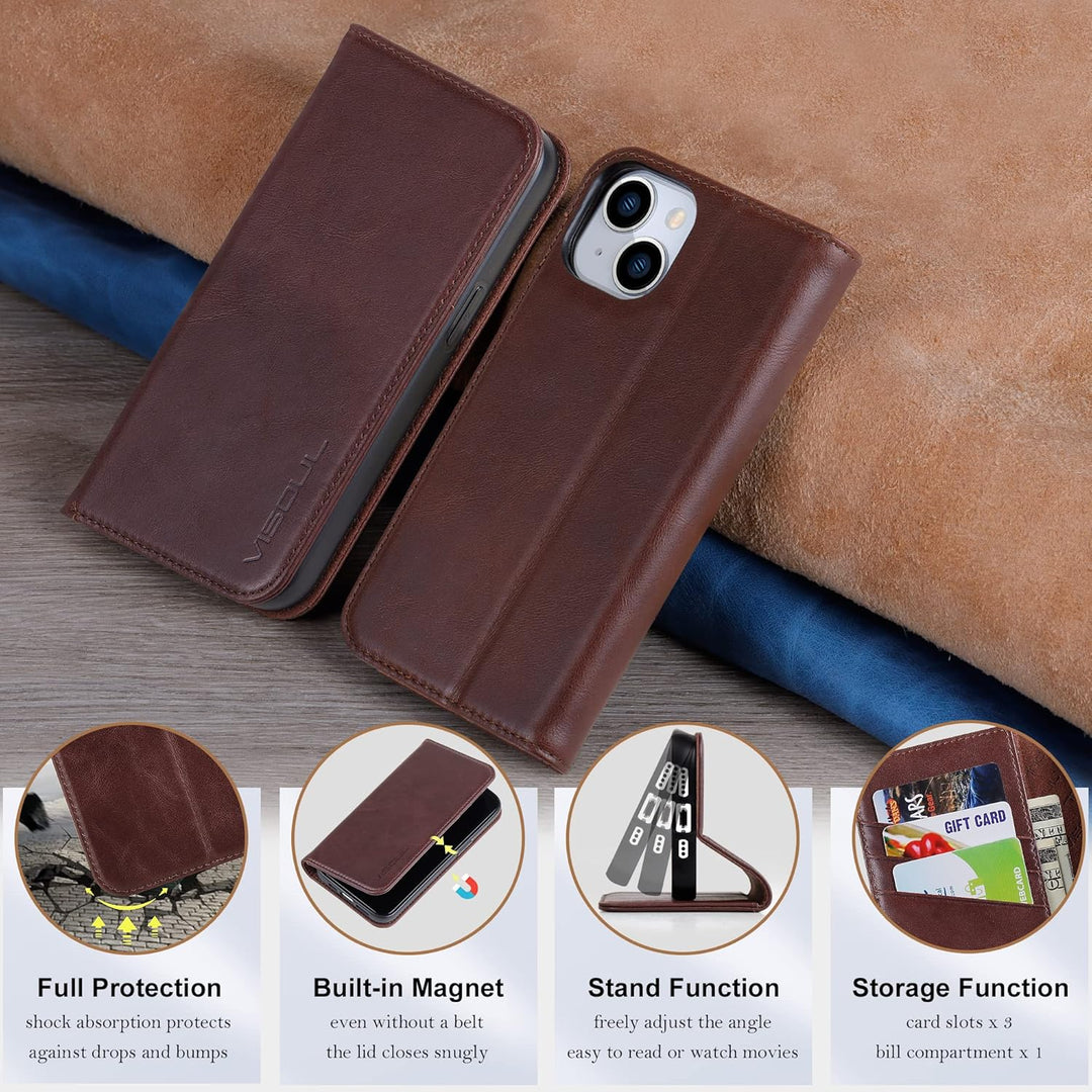 VISOUL iPhone 14 Plus Hülle, Stossfeste Handyhülle [Erstklassiges Rindsleder], TPU Schutzhülle [Kart