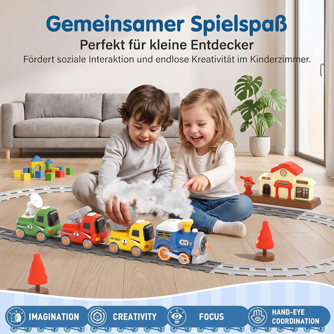 Elektrisches Eisenbahn Set für Kinder ab 3 Jahren – Spielzeugeisenbahn mit echtem Dampfeffekt, Licht