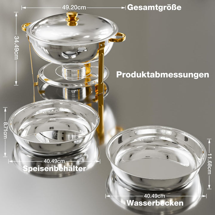 WARMOUNTS Chafing Dish 4er Set 7,5L, Speisenwärmer Buffet Rund Edelstahl mit Gold-Akzenten & Deckelh
