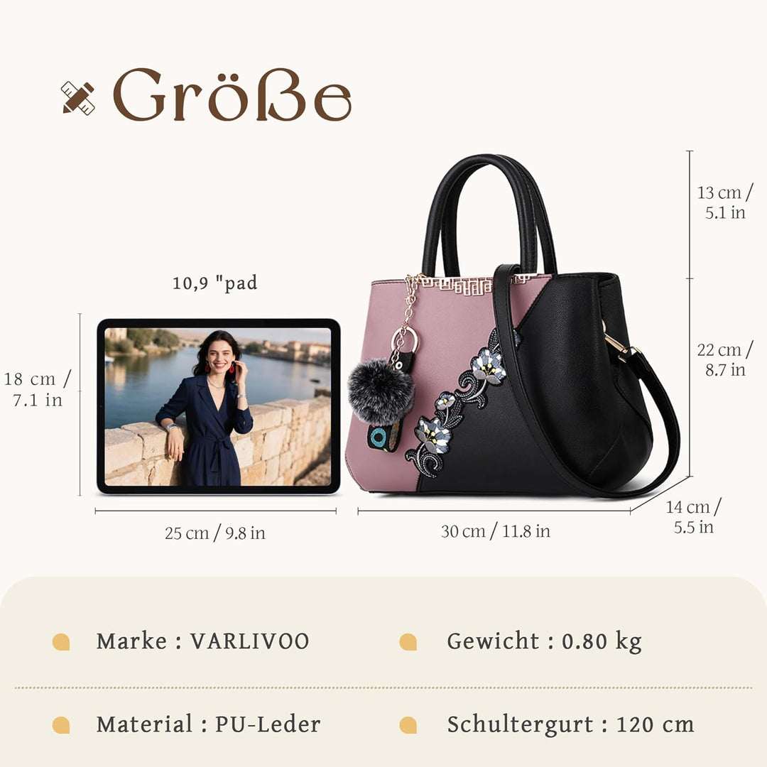 VARLIVOO Damen Handtasche Schultertasche Blumenmuster Frauen Umhängetasche Pom Pom Dekoration Shoppe