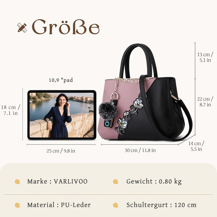 VARLIVOO Damen Handtasche Schultertasche Blumenmuster Frauen Umhängetasche Pom Pom Dekoration Shoppe