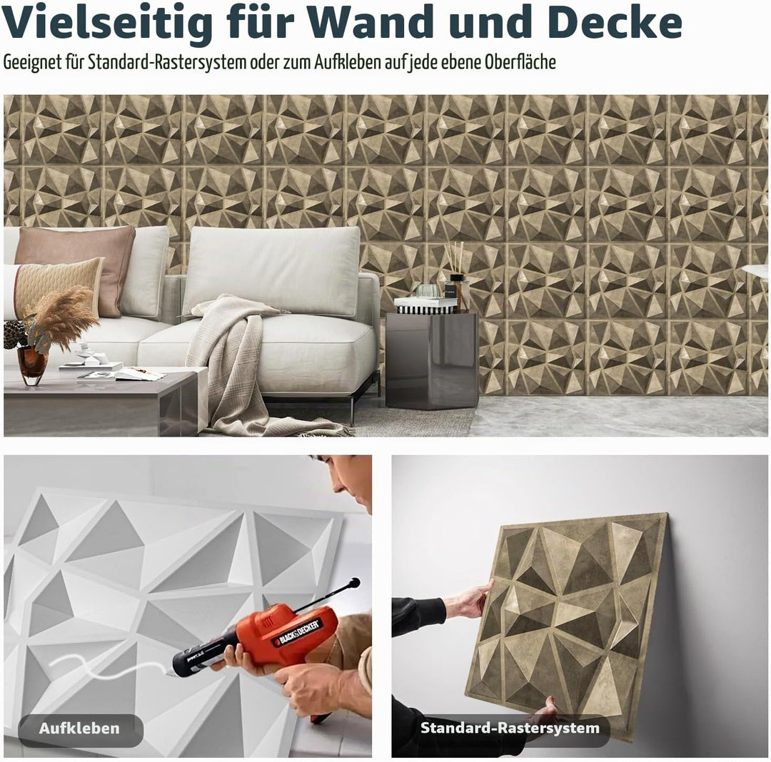 Art3d 3D-Wandpaneele Diamant 33 Stück Hochsteifes PVC 30 x 30 cm Nicht Verformbar Recycelbar Wasserf