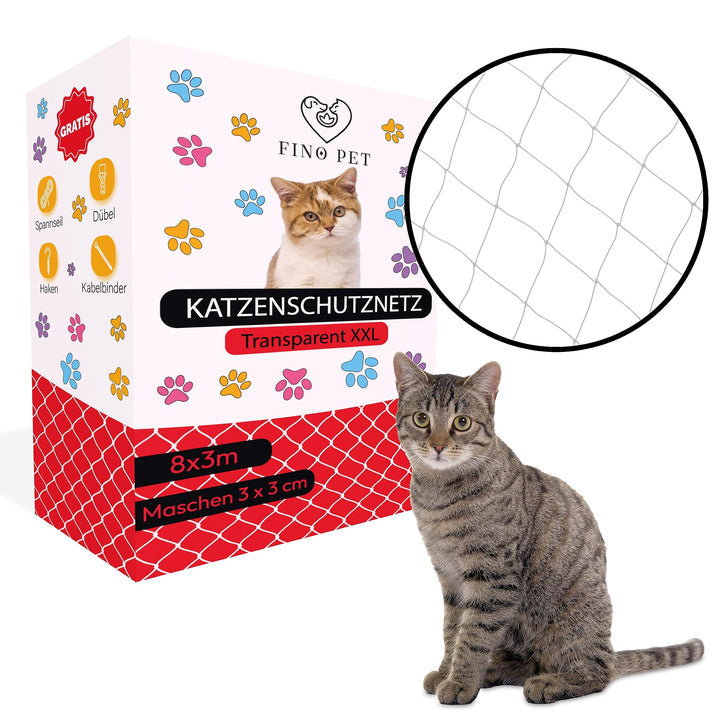 FinoPet Katzennetz für Balkon 8x3 Meter transparent inklusive Befestigungsmaterial, Katzenschutznetz