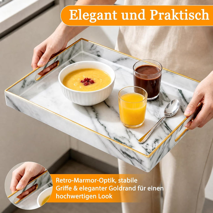 Serviertablett, Tablett mit Griff Marmor Deko Rechteckig Kaffeetablett, Bruchsicher Gross Tablett fü