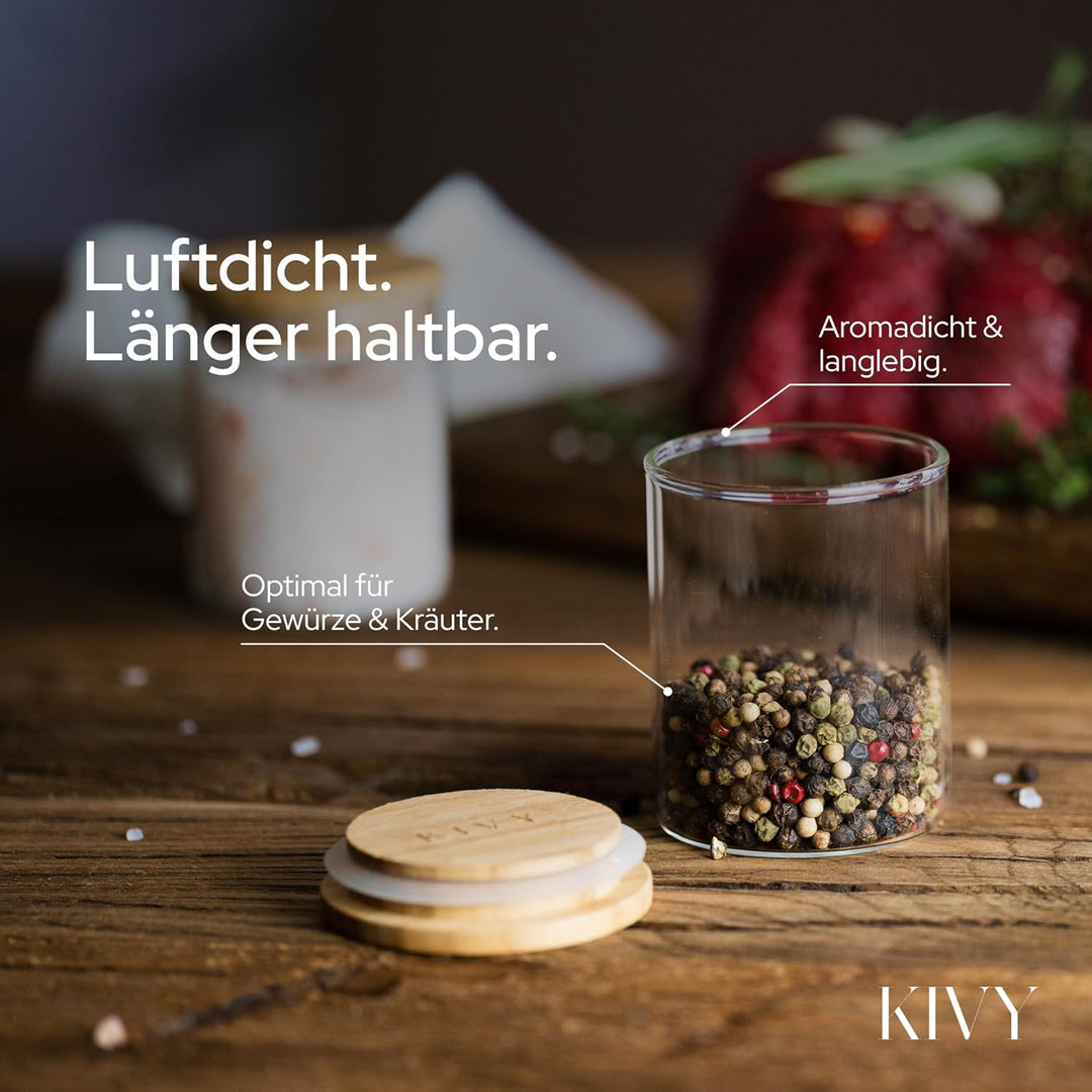 KIVY Gewürzgläser mit Holzdeckel - 12 x 150ml - Luftdichte und stapelbare Gewürzbehälter Glas - Gewü