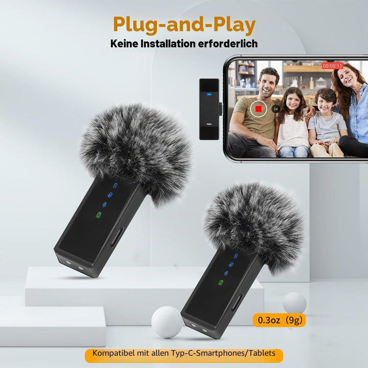 AURTEC Kabelloses Lavalier-Mikrofon mit Ladekoffer für Typ-C/USB-C-Telefone, 2er Set, Plug & Play, 3