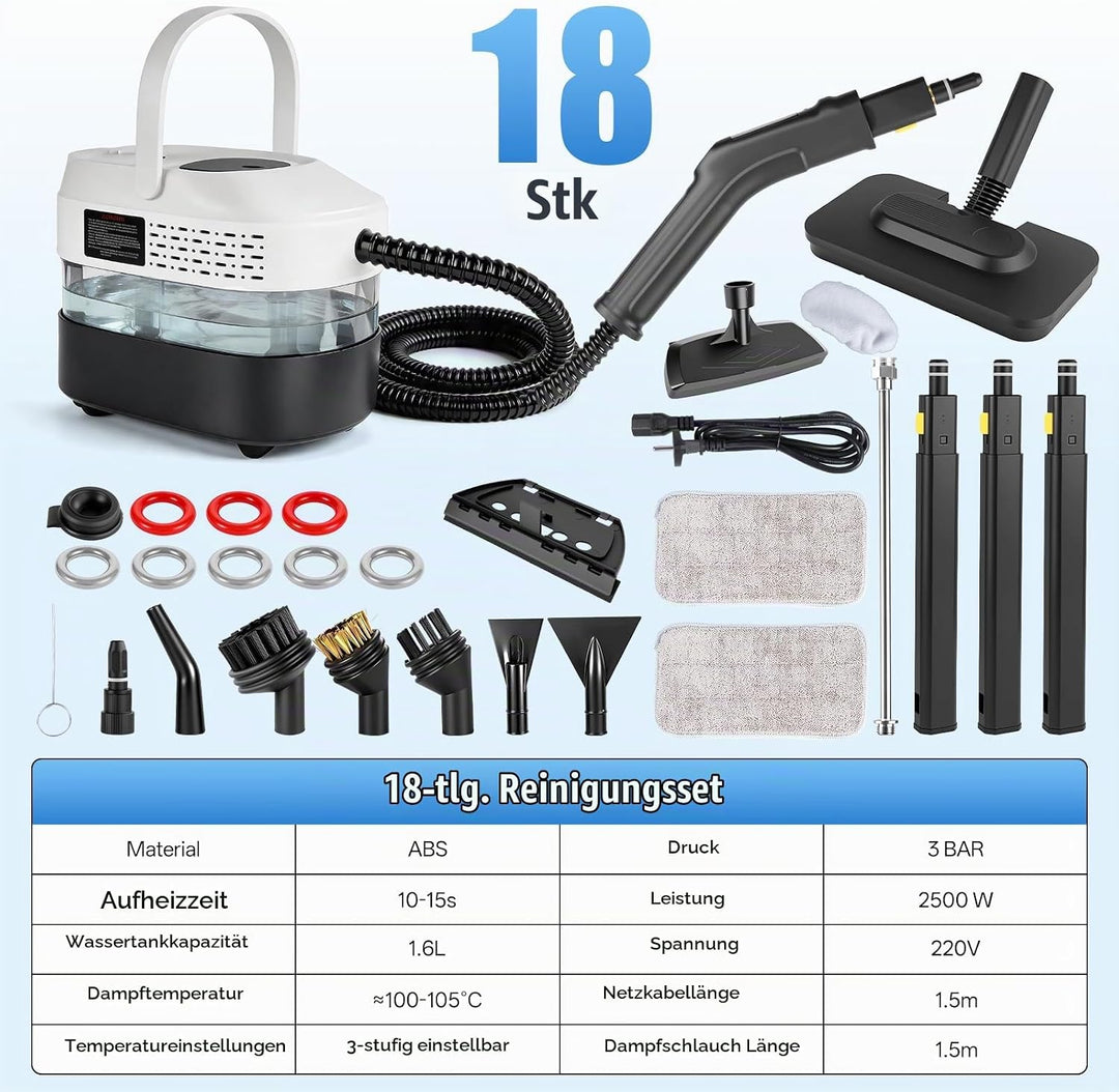 RUIZHI Dampfreiniger Handgerät mit 18 Zubehör, 1.6L Steam Cleaner, Dampfdruck 3Bar, Aufheizzeit 10s,