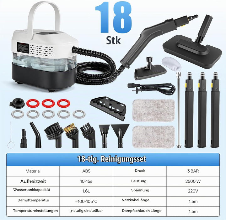 RUIZHI Dampfreiniger Handgerät mit 18 Zubehör, 1.6L Steam Cleaner, Dampfdruck 3Bar, Aufheizzeit 10s,