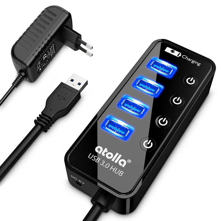 Atolla USB 3.0 Hub mit Strom versorgt, USB Hub mit 4 Ports Steckdosenleiste mit individuellen EIN-/A