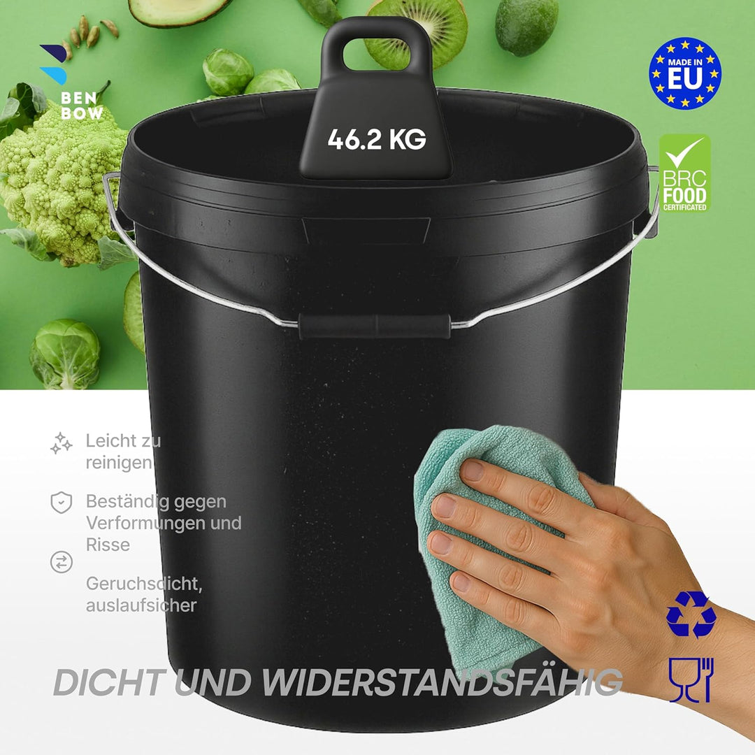 BenBow Eimer mit Deckel 30l schwarz 20x 30 Liter - lebensmittelecht, stabil, luftdicht, auslaufsiche