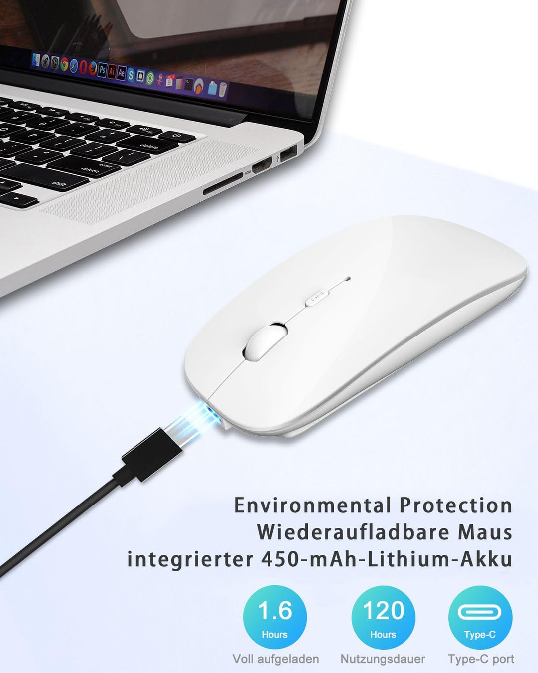 AE WISH ANEWISH Kabellos Bluetooth Maus with USB-C-Adapter wiederaufladbare Leise Mini Maus Kabellos