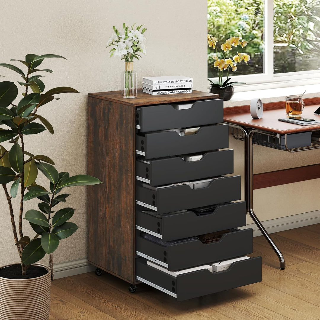 GIANTEX Rollcontainer mit 4 Schubladen & 2 Schränke, Aktenschrank mit Rollen, Schubladenschrank Holz