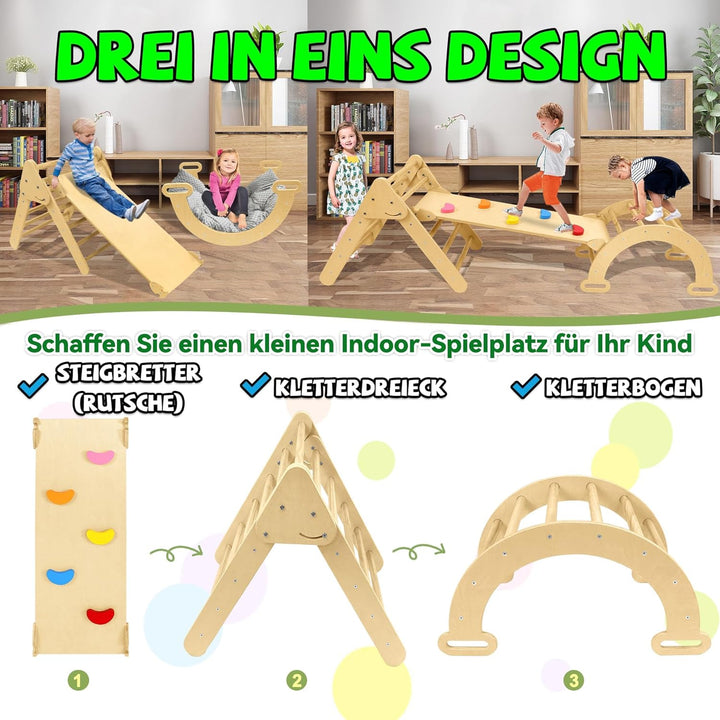 Froadp Klettergerüst Indoor 3-in-1 mit Rutsche und Kletterbogen Kletterdreieck aus Naturholz Klappba